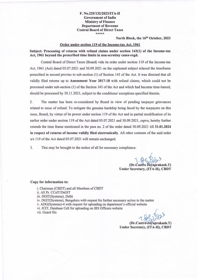 Processing of returns with refund claims under section 143(1) of the Income-tax Act, 1961 beyond the prescribed time limits in non-scrutiny cases – CBDT order under section 119 of the Income-tax Act, 1961