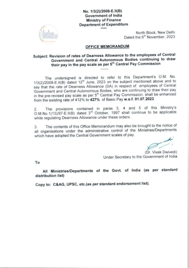 5th CPC Dearness Allowance 427 from Jul2023 for CABs employees DoE