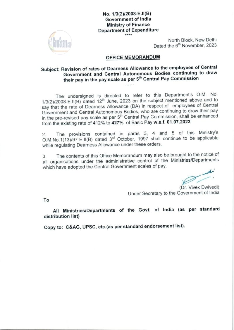 5th CPC Dearness Allowance @ 427% from Jul-2023 for CABs employees: DoE, Fin Min Order dated 06.11.2023