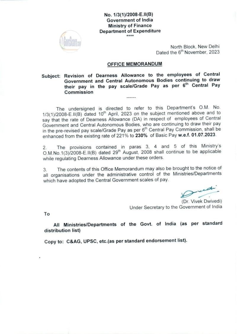 6th CPC Dearness Allowance @ 230% from Jul-2023 for CABs employees: FinMin OM dated 06.11.2023