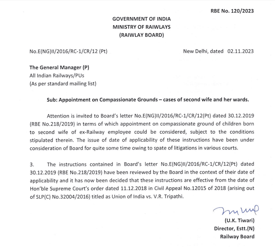 Appointment on Compassionate Grounds — cases of second wife and her wards : Railway Board’s RBE No. 120/2023