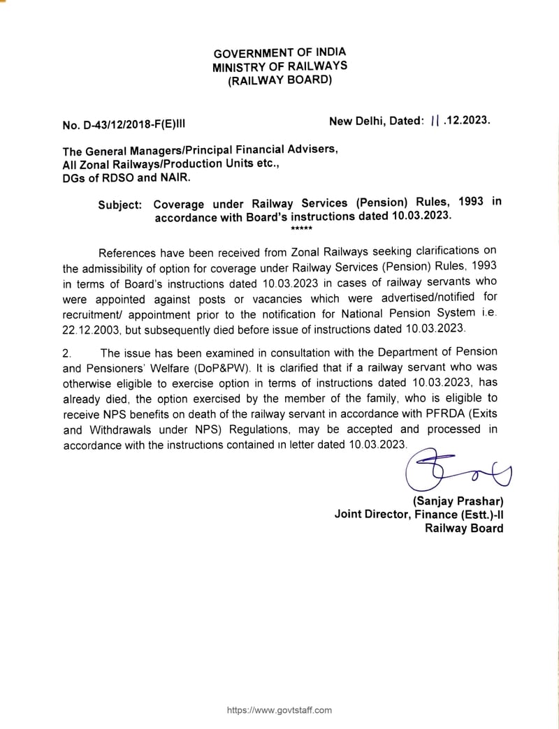 NPS to OPS: Exercise of option by family members of deceased Railway servant- Railway Board’s instruction vide order dated 11.12.2023