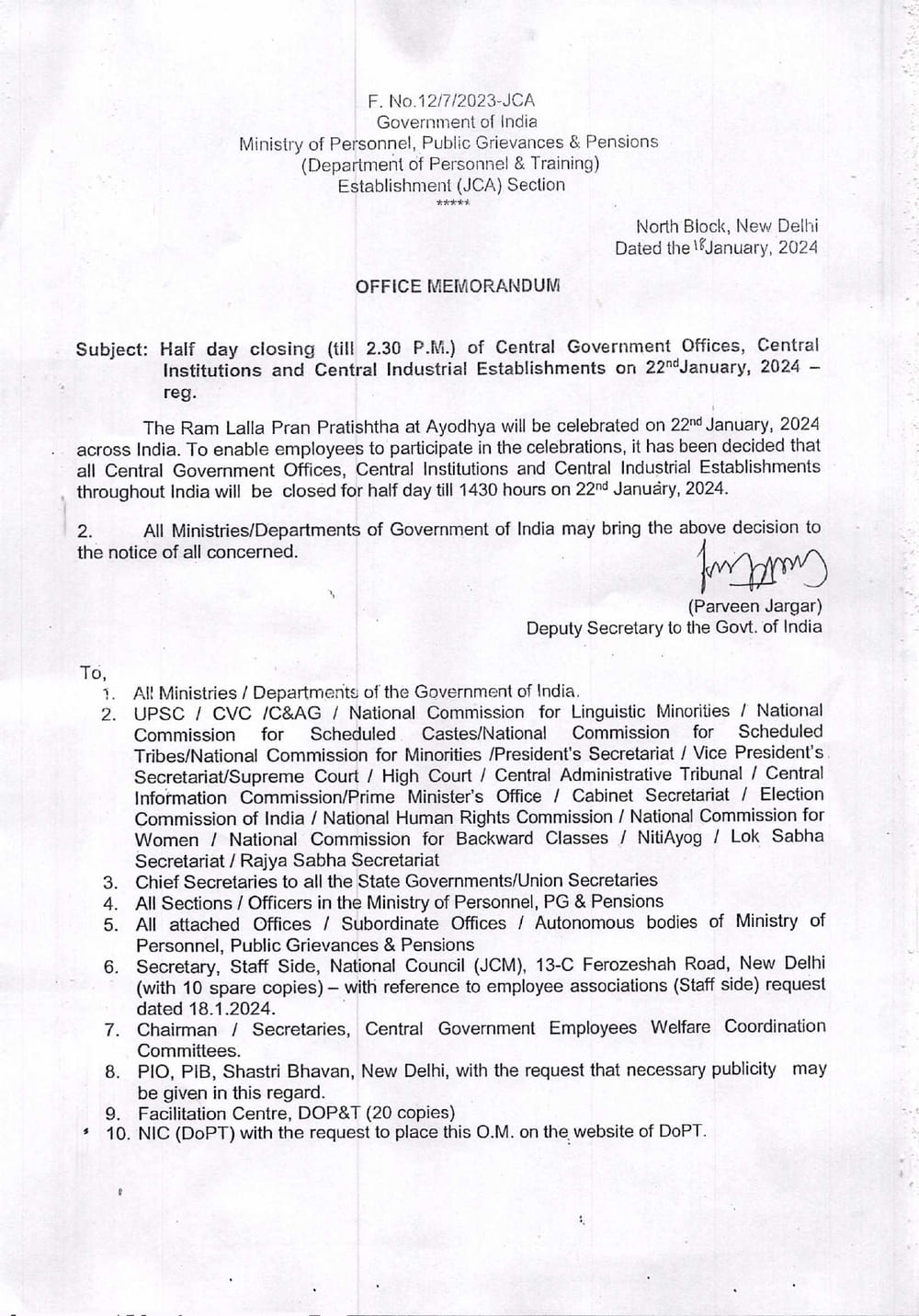 Half day closing (till 2.30 P.M.) of Central Government Offices, Central Institutions and Central Industrial Establishments on 22nd January, 2024