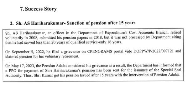 Sanction of pension after 15 years to Sh. AS Hariharakumar – Success Story of Pension Adalat