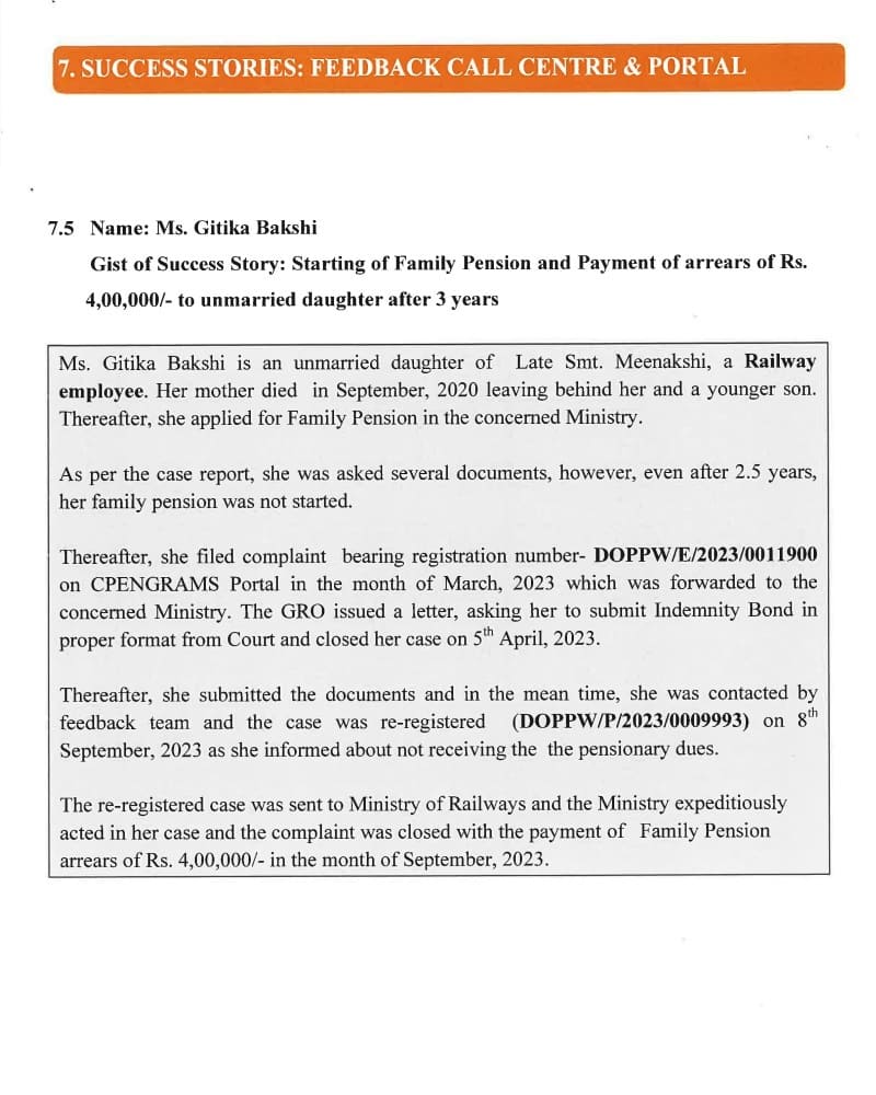 Starting of Family Pension and Payment of arrears of Rs. 4,00,000/- to unmarried daughter after 3 years : Pension Success Story – Ms Gitika Bakshi