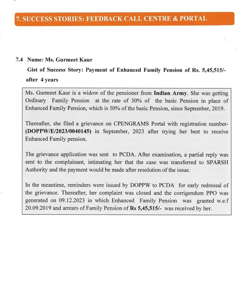 Payment of Enhanced Family Pension of Rs. 5,45,515/- after 4 years : Pension Success Story of Ms. Gurmeet Kaur through Feedback Call Centre & CPENGRAMS Portal