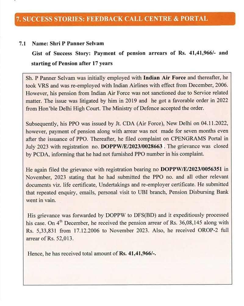 Payment of pension arrears of Rs. 41,41,966/- and starting of Pension after 17 years : Success Story of Shri P Panner Selvam through Feedback Call Centre and Portal