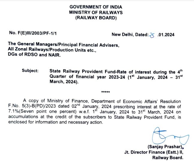 Rate of interest of State Railway Provident Fund for 4th Quarter of FY 2023-24