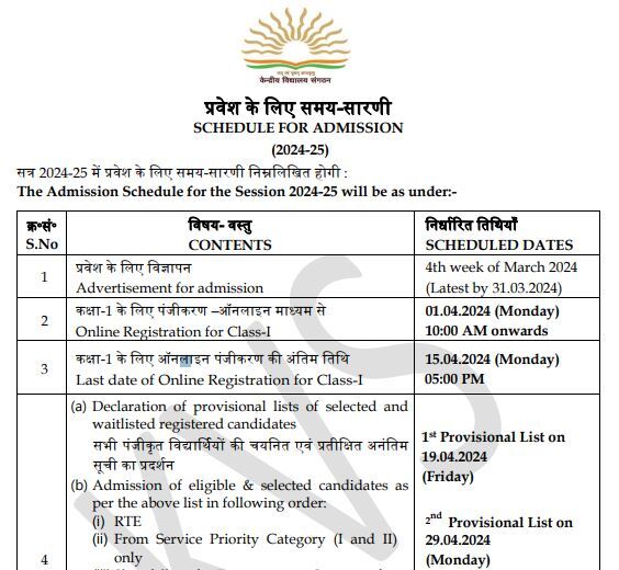 Kendriya Vidyalaya Sangathan Admission Schedule 2024-2025
