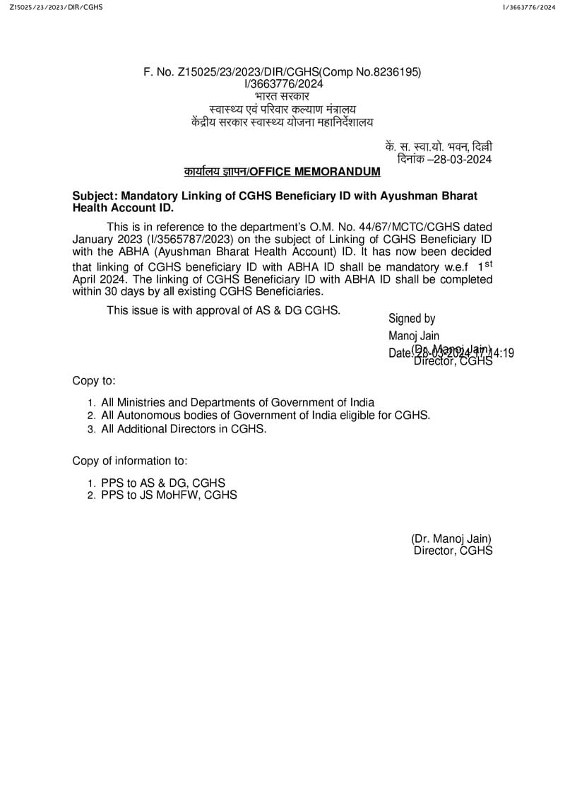 Mandatory Linking of CGHS Beneficiary ID with Ayushman Bharat Health Account ID