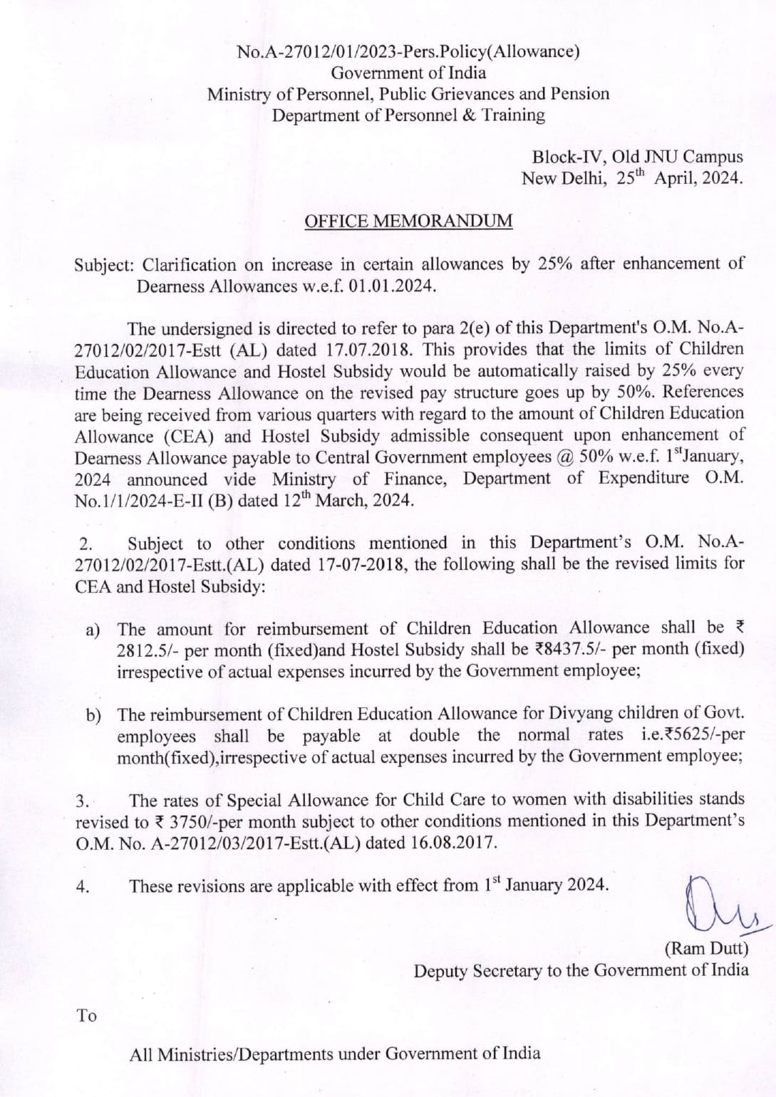 Increase in certain allowances by 25% after enhancement of Dearness Allowances w.e.f. 01.01.2024 – Clarification by DoPT