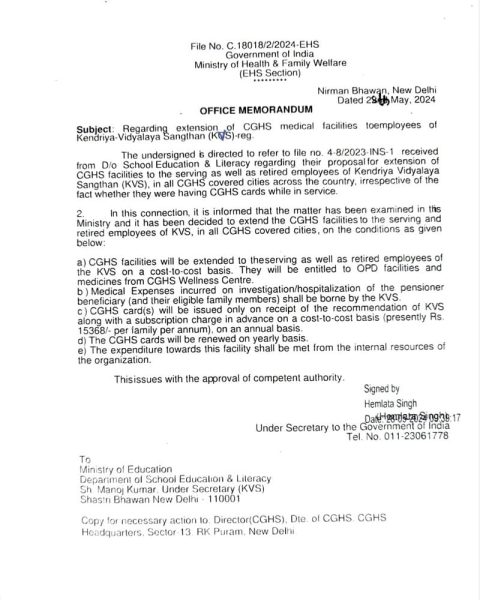 extension-of-cghs-medical-facilities-to-kendriya-vidyalaya-kvs-employees-mohfw-o-m