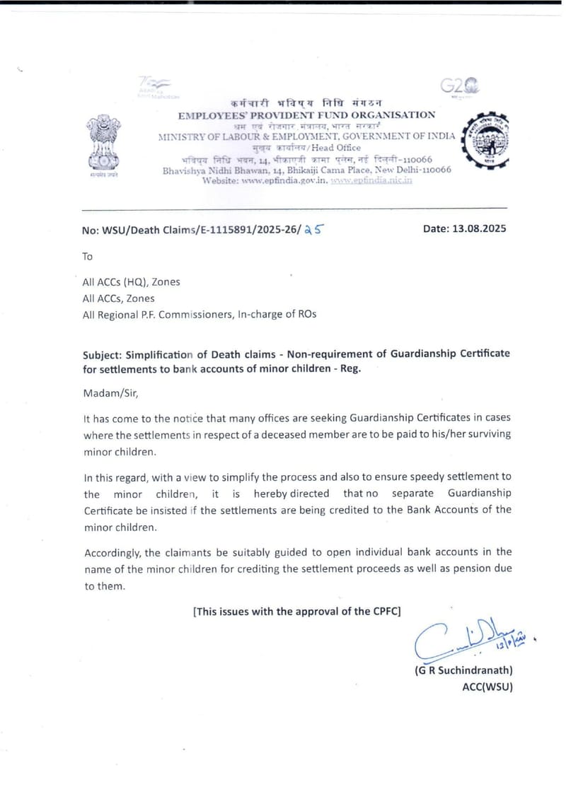 Simplification of Death claims – Non-requirement of Guardianship Certificate for settlements to bank accounts of minor children: EPFO Simplification of Death claims – Non-requirement of Guardianship Certificate for settlements to bank accounts of minor children: EPFO