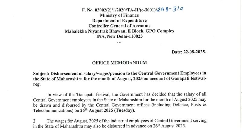 Disbursement of Salary for the month of August 2025 to CG Employees posted in Maharashtra on account of Ganapati festival – CGA O.M F. No. 03002(2)/1/2020/TA-IT/(e-3001)/248- 310 dated 22-08-2025