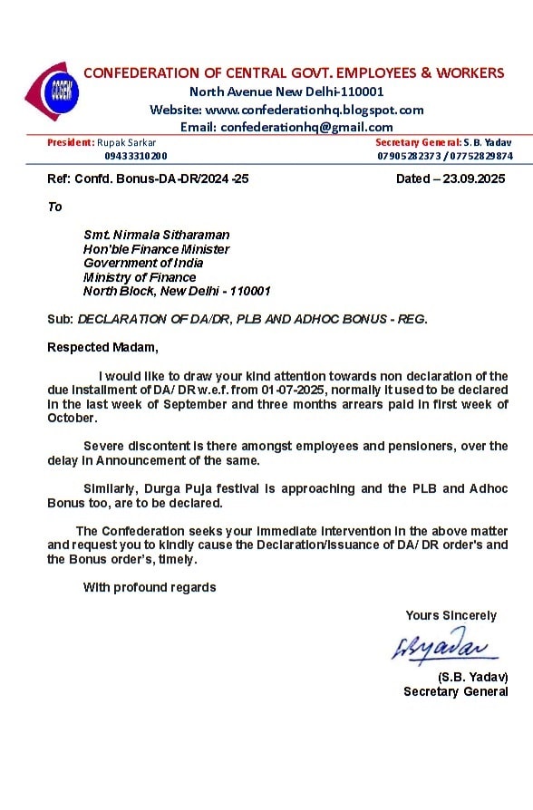Early declaration of DA/DR due from 01.07.2025, PLB and Adhoc Bonus: Confederation writes to Smt. Nirmala Sitharaman, Ministry of Finance