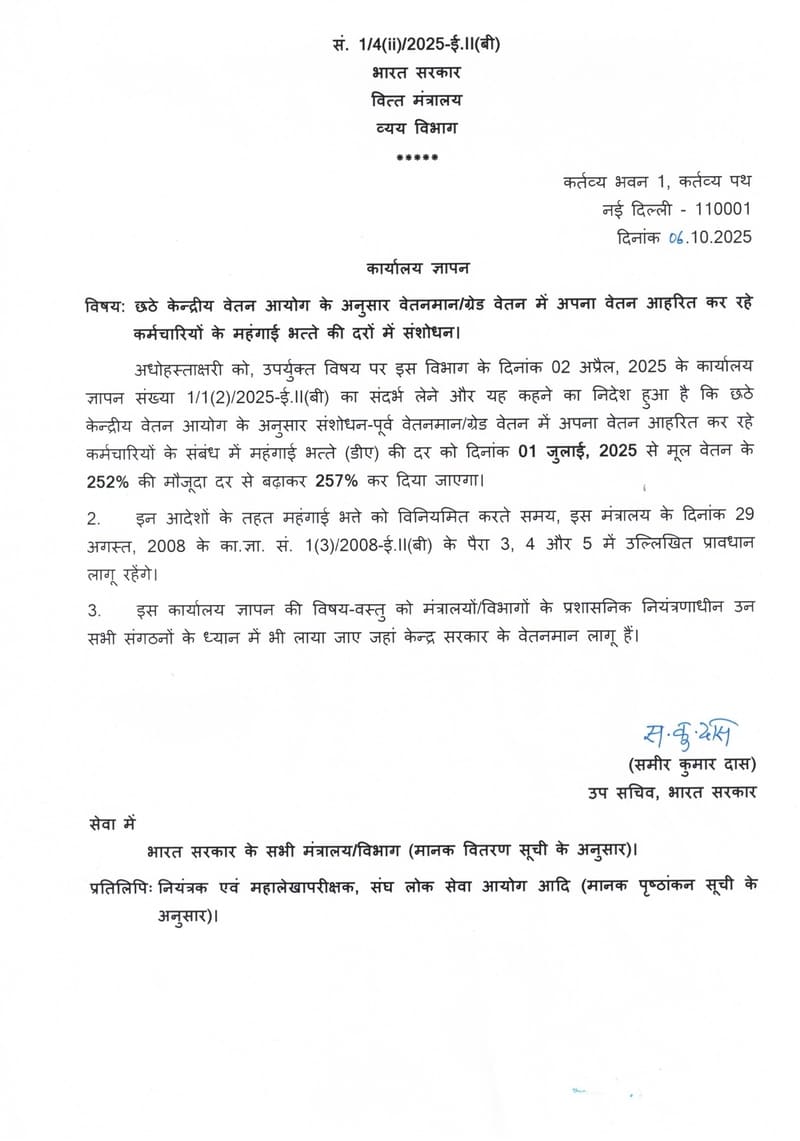 6th CPC Dearness Allowance @257% w.e.f. 1st July, 2025 for CG Employees in Pay Band/Grade Pay Structure: DoE, Fin Min OM dated 06.10.2025