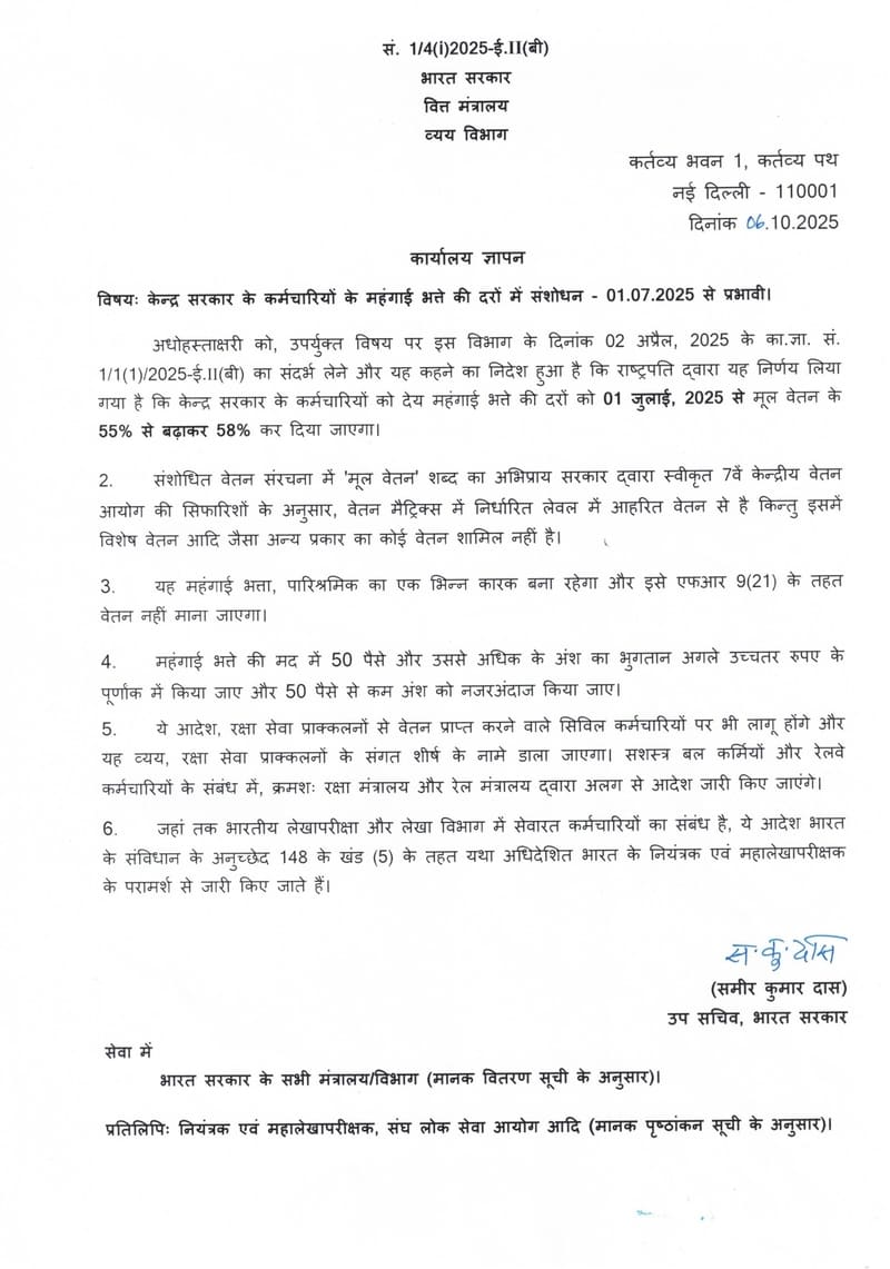 Revised rates of Dearness Allowance effective from 01.07.2025 @ 58% – 3% increase to Central Government employees: Department of Expenditure, Ministry of Finance O.M. dated 06.10.2025