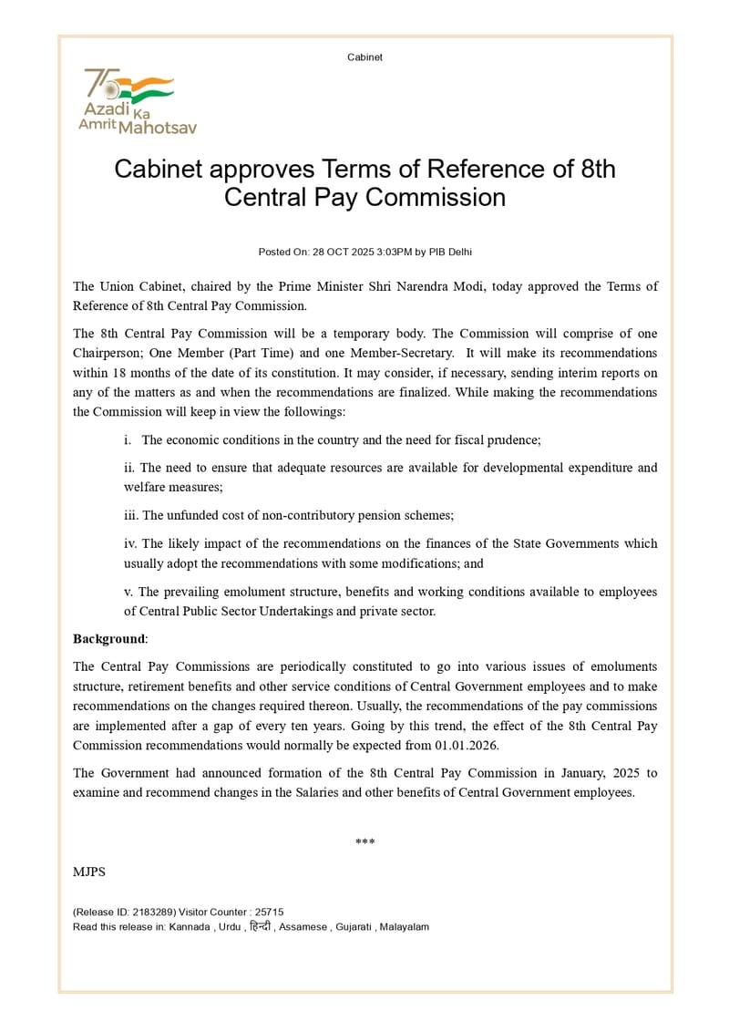 8th CPC: Cabinet approves Terms of Reference of 8th Central Pay Commission – Recommendations expected within 18 months of the constitution: PIB News 2 8th-cpc-term-of-reference-approval