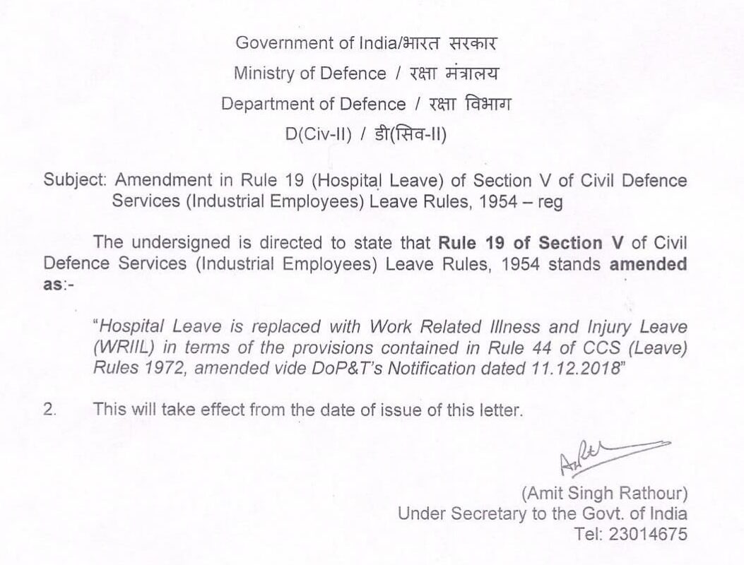Amendment in Rule 19 (Hospital Leave) of Section V of Civil Defence Services (Industrial Employees) Leave Rules, 1954