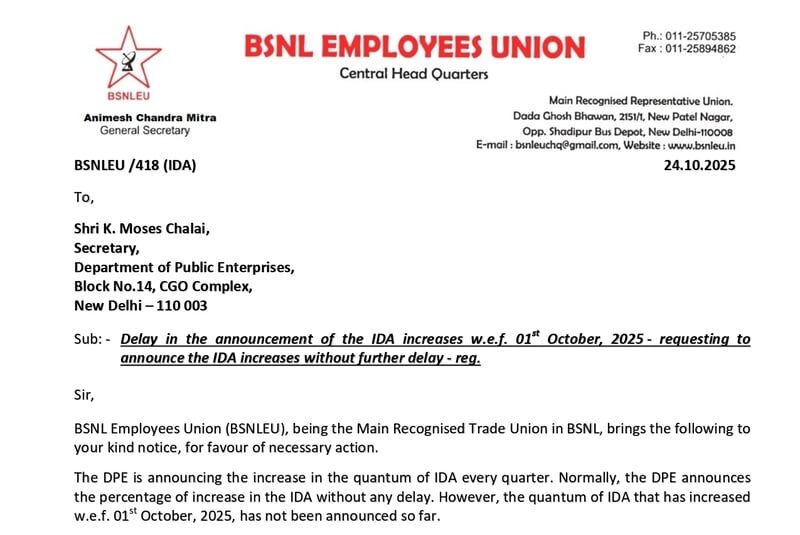 BSNL Employees Union request Govt to announce the increase in IDA w.e.f. 1st October 2025 without further delay BSNL Employees Union request Govt to announce the increase in IDA w.e.f. 1st October 2025 without further delay