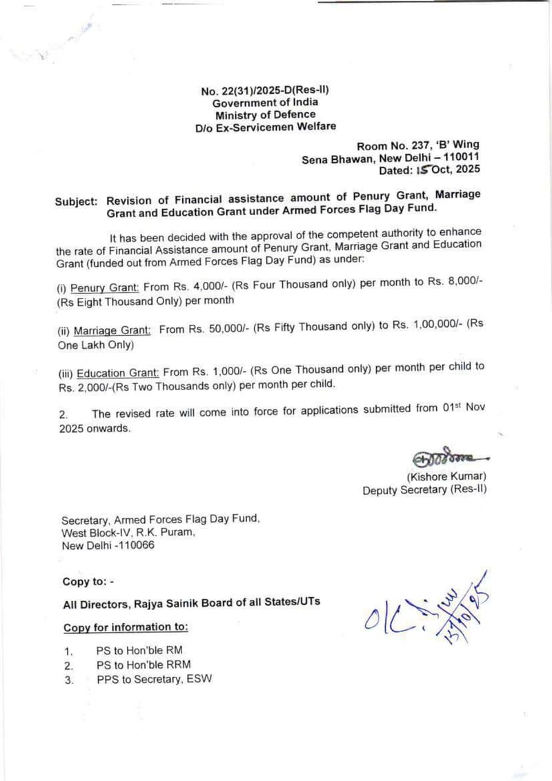 Revision of Financial assistance amount of Penury Grant, Marriage Grant and Education Grant under Armed Forces Flag Day Fund: Min. of Defence order dated 15.10.2025 Revision of Financial assistance amount of Penury Grant, Marriage Grant and Education Grant under Armed Forces Flag Day Fund: Min. of Defence order dated 15.10.2025