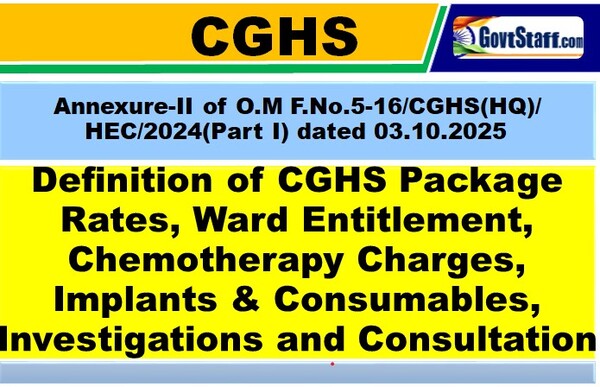 Definition of CGHS Package Rates, Ward Entitlement, Chemotherapy Charges, Implants and Consumables, Investigations and Consultation: Annexure-II of CGHS O.M. dated 03.10.2025 Definition of CGHS Package Rates, Ward Entitlement, Chemotherapy Charges, Implants and Consumables, Investigations and Consultation: Annexure-II of CGHS O.M. dated 03.10.2025