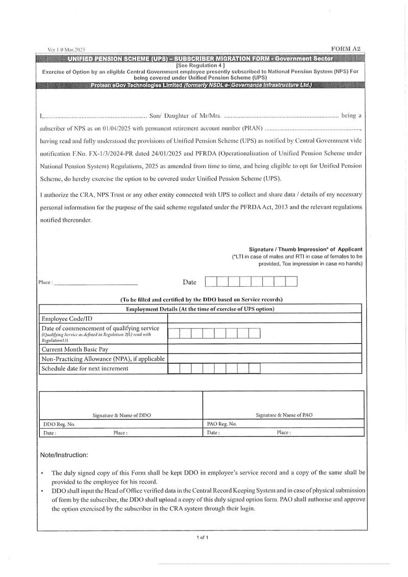 Option for Unified Pension Scheme (UPS) – Central Government employees on Deputation/Foreign service to submit Physical ‘Form A2’: PFRDA Circular dated 24.09.2025