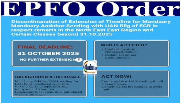 Discontinuation of Extension of Timeline for Mandatory Aadhaar Seeding with UAN for Filing of ECR in respect of Establishments in the North East Region and Certain Classes of Establishments beyond 31.10.2025 – EPFO Order dated 01.12.2025. Discontinuation of Extension of Timeline for Mandatory Aadhaar Seeding with UAN for Filing of ECR in respect of Establishments in the North East Region and Certain Classes of Establishments beyond 31.10.2025 – EPFO Order dated 01.12.2025.