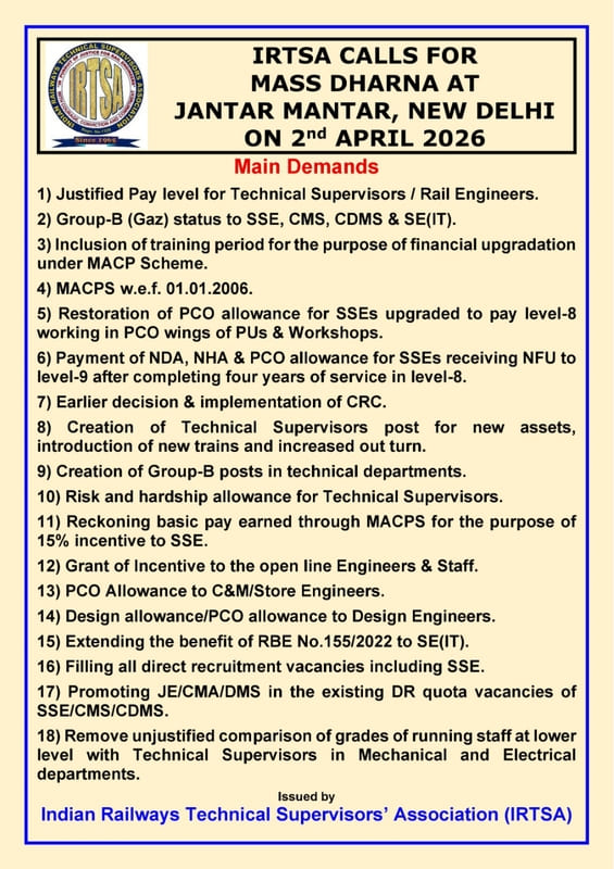Mass Dharna at Jantar Mantar, New Delhi on 2nd April 2026: Demands – Justified Pay level, MACP, Risk & Hardship allowance etc Mass Dharna at Jantar Mantar, New Delhi on 2nd April 2026: Demands – Justified Pay level, MACP, Risk & Hardship allowance etc