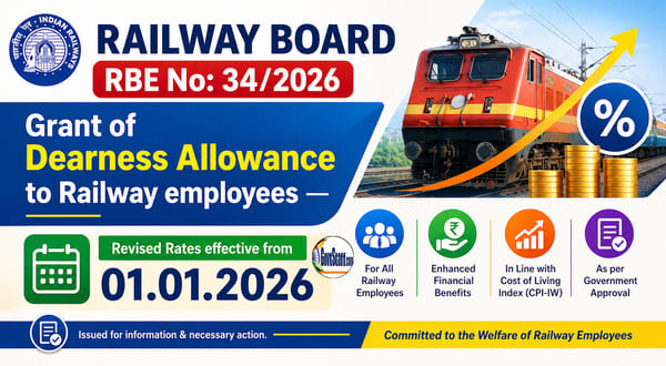 Revised rates of Dearness Allowance to Railway employees — Effective from 01.01.2026: RBE No. 34/2026