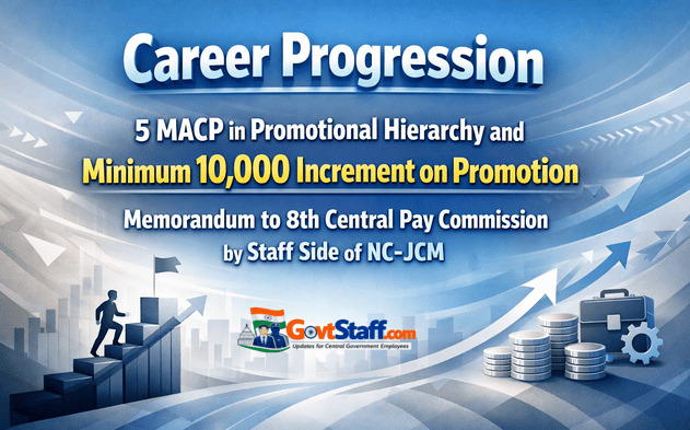 Career Progression – 5 MACP in promotional hierarchy and Minimum 10,000 Increment on Promotion- Memorandum to 8th Central Pay Commission by Staff Side of NC- JCM