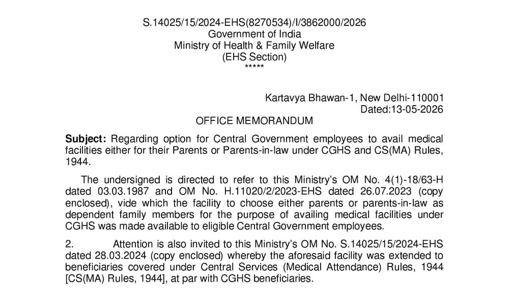 Option to avail medical facilities either for their Parents or Parents-in-law under CGHS and CS(MA) Rules, 1944 – Important updates for Central Government employees