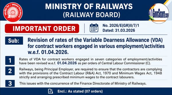 Revised rates of Variable Dearness Allowance (VDA) for Railway contract workers engaged in various employment/activities w.e.f. 01.04.2026: RBE No. 37/2026