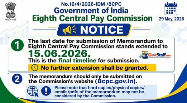 8th CPC: Extension of last date upto 15.06.2026 for submission of Memorandum to 8th Central Pay Commission 8th CPC: Extension of last date upto 15.06.2026 for submission of Memorandum to 8th Central Pay Commission