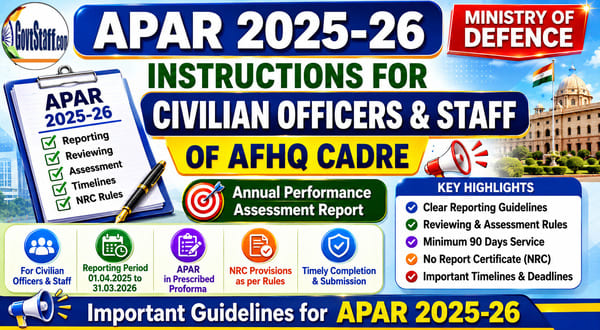 APAR 2025-26 Guidelines Issued for Civilian Officers and Staff of AFHQ Cadre – Ministry of Defence Order No. A/48052/Al/2025-26/CAO/APAR Cell dated 25 May 2026