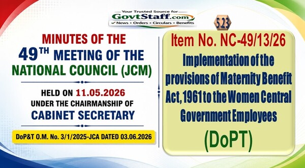 Maternity Benefit Act, 1961 to the Women Central Government Employees – Implementation of the provisions reg (DoPT) – Item No. NC-49/13/26 of 49th Meeting of NC (JCM) Maternity Benefit Act, 1961 to the Women Central Government Employees – Implementation of the provisions reg (DoPT) – Item No. NC-49/13/26 of 49th Meeting of NC (JCM)