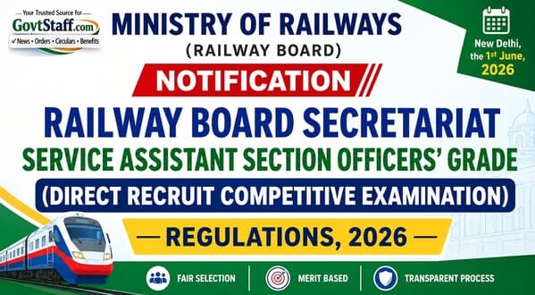 Railway Board Secretariat Service Assistant Section Officers’ Grade (Direct Recruit Competitive Examination) Regulations, 2026: Notification dated 01.06.2026 Railway Board Secretariat Service Assistant Section Officers’ Grade (Direct Recruit Competitive Examination) Regulations, 2026: Notification dated 01.06.2026