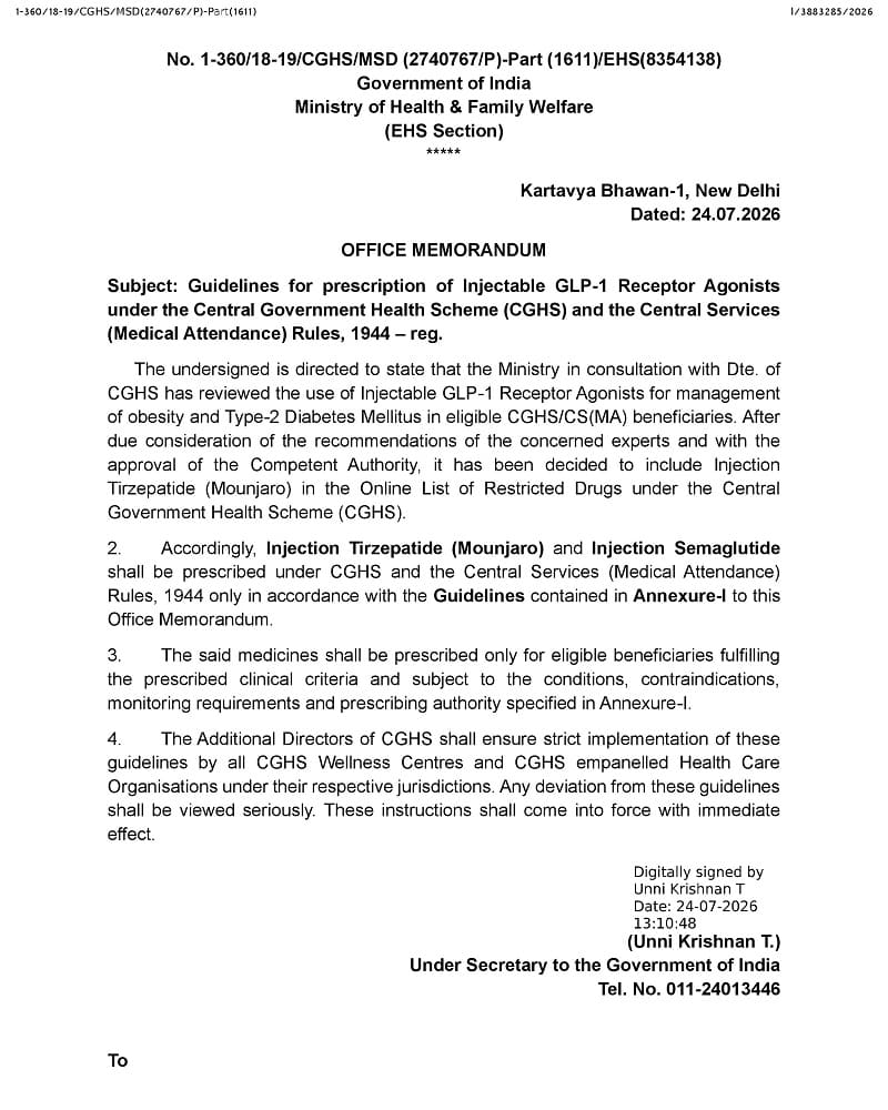 Prescription of Injectable GLP-1 Receptor Agonists under the Central Government Health Scheme (CGHS) and the Central Services (Medical Attendance) Rules, 1944 – Guidelines by MoH&FW O.M. dated 24.07.2026