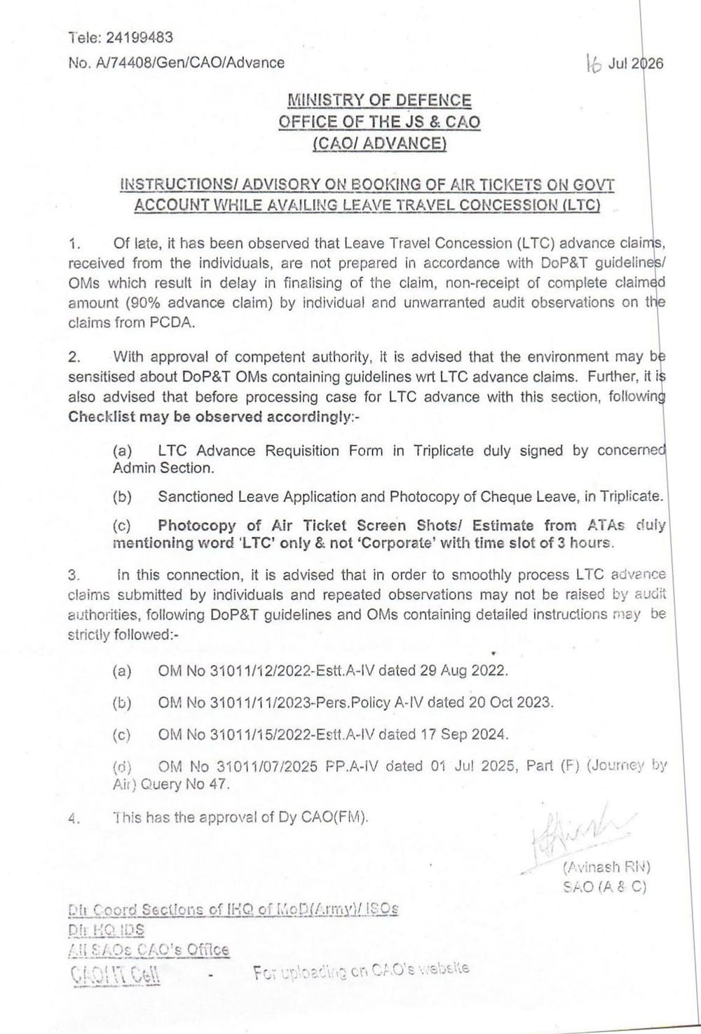 Instructions/Advisory on Booking of Air Tickets on Govt. Account while availing Leave Travel Concession (LTC) – Ministry of Defence
