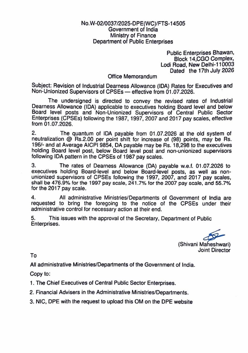Industrial Dearness Allowance (IDA): Revised Rates for Executives and Non-Unionized Supervisors of CPSEs — effective from 01.07.2026