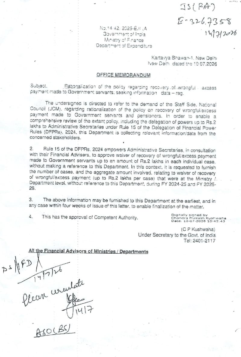 DoE seeks information on Rationalization of the policy regarding recovery of wrongful/ excess payment made to Government servants: O.M. dated 10.07.2026 DoE seeks information on Rationalization of the policy regarding recovery of wrongful/ excess payment made to Government servants: O.M. dated 10.07.2026