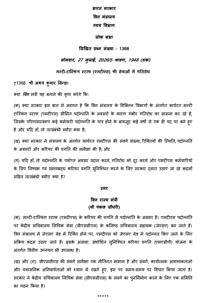 Stagnation in the Services of MTS – Government Clarification in Lok Sabha : Unstarred Question No.1368
