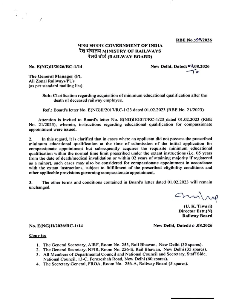 Acquisition of minimum educational qualification after the death of deceased railway employee – Clarification by Railway Board vide RBE No.64/2026 Acquisition of minimum educational qualification after the death of deceased railway employee – Clarification by Railway Board vide RBE No.64/2026
