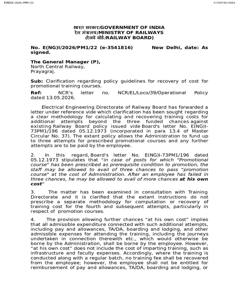 Policy Guidelines for Recovery of Cost for Promotional Training Courses – Railway Board Clarification
