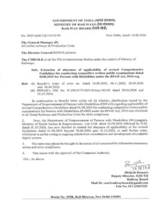 Extension of Abeyance of Revised Guidelines for Competitive Written Examinations for Persons with Disabilities working in Indian Railways under the RPwD Act, 2016 - Railway Board order 2 2025-E(SCT)I-133-10 Pt- Dt- 10_08_2026