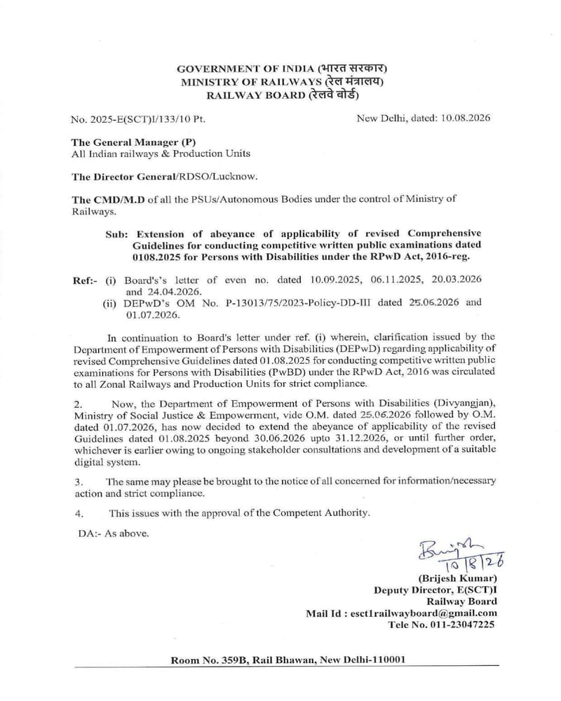 Extension of Abeyance of Revised Guidelines for Competitive Written Examinations for Persons with Disabilities working in Indian Railways under the RPwD Act, 2016 –  Railway Board order