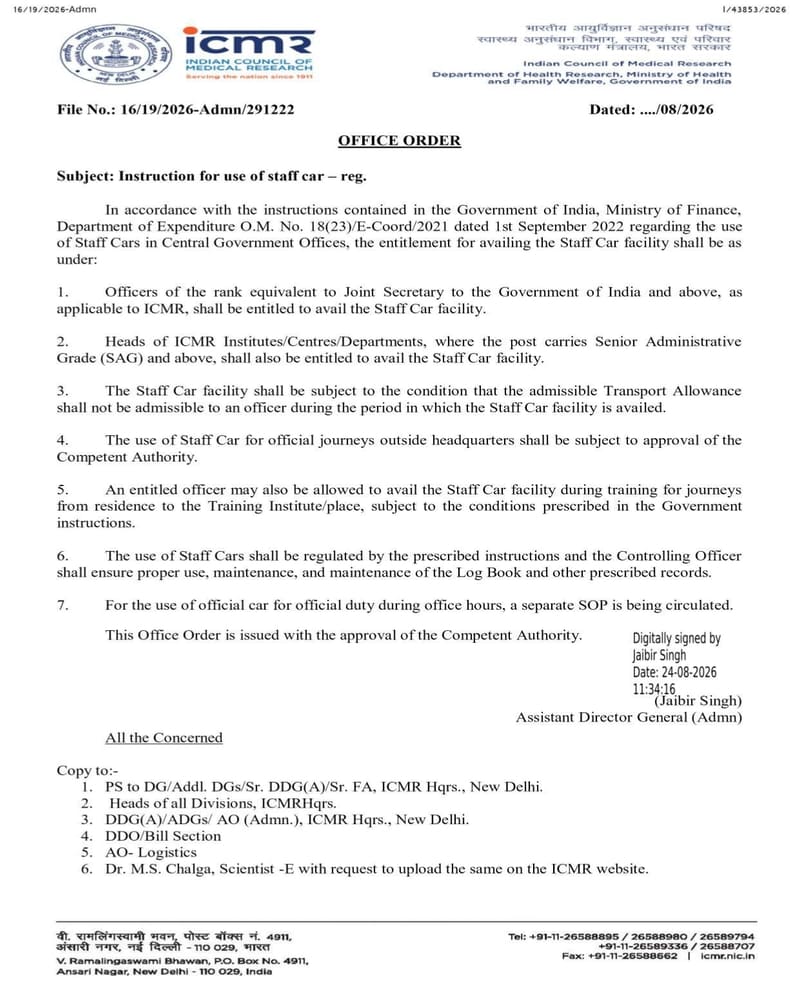 Entitlement for Use of Staff Car in Central Government Offices – ICMR Office Order dated 24-08-2026 Entitlement for Use of Staff Car in Central Government Offices – ICMR Office Order dated 24-08-2026