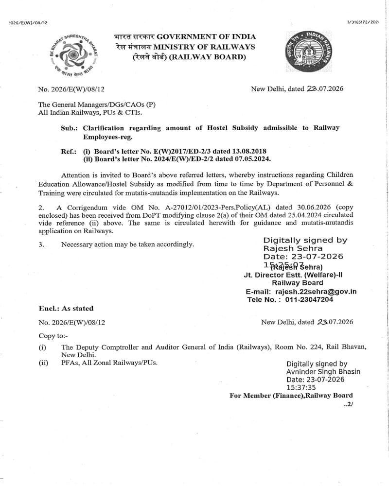 Clarification regarding Children Education Allowance and Hostel Subsidy admissible to Railway Employees 