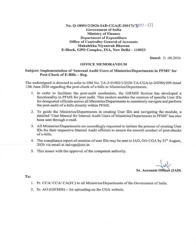 Implementation of Internal Audit Users of Ministries/Departments in PFMS for Post-Check of E-Bills: CGA Order dated 11.08.2026