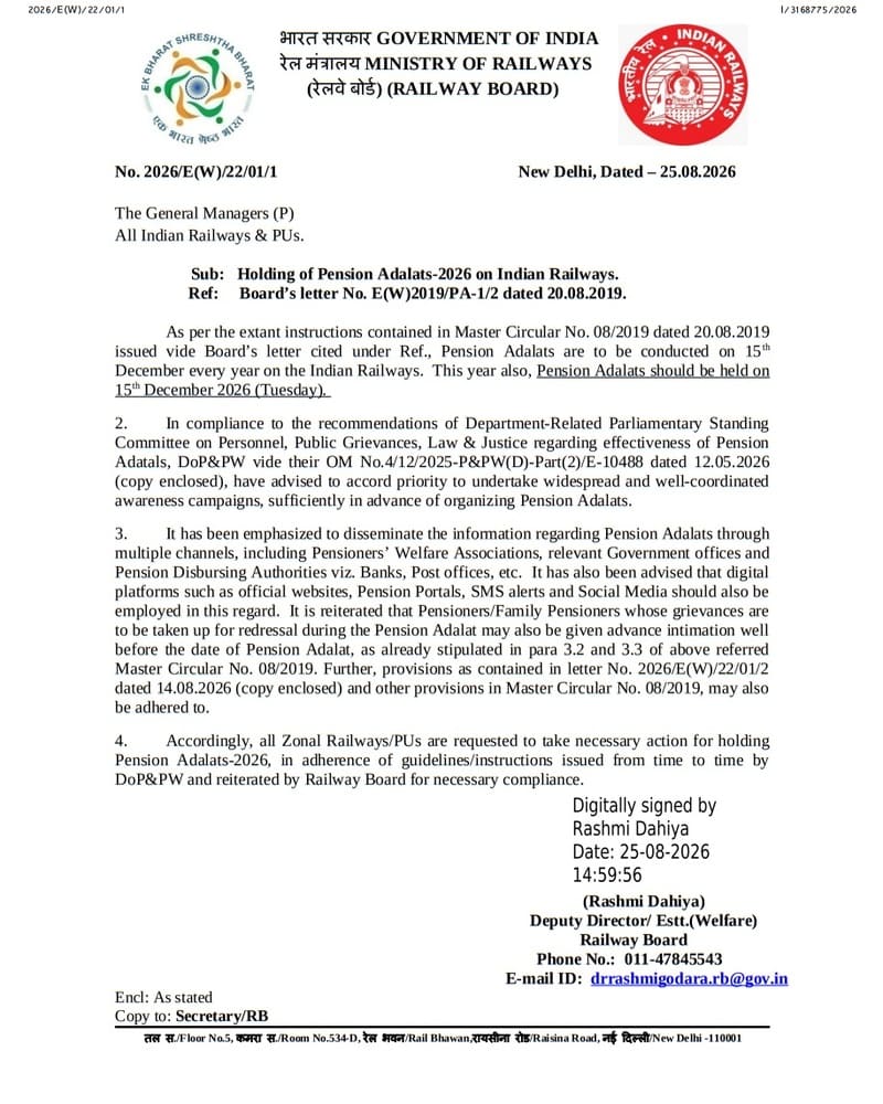 Holding of Pension Adalats-2026 on 15th December 2026 by Indian Railways – Railway Board Order dated 25.08.2026
